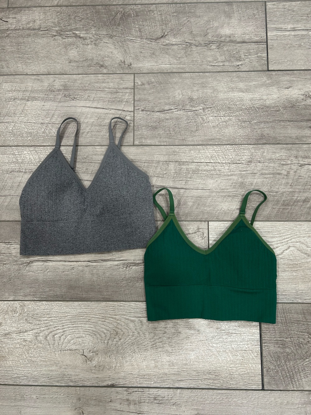 Auden Ribbed Bralettes in Forest Green and Heather Gray